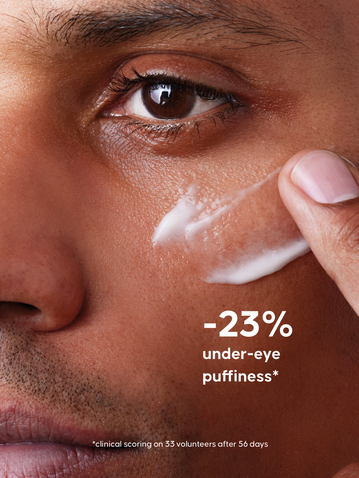 Close-up of a person applying cream on its cheek with text indicating -23% under-eye puffiness.
