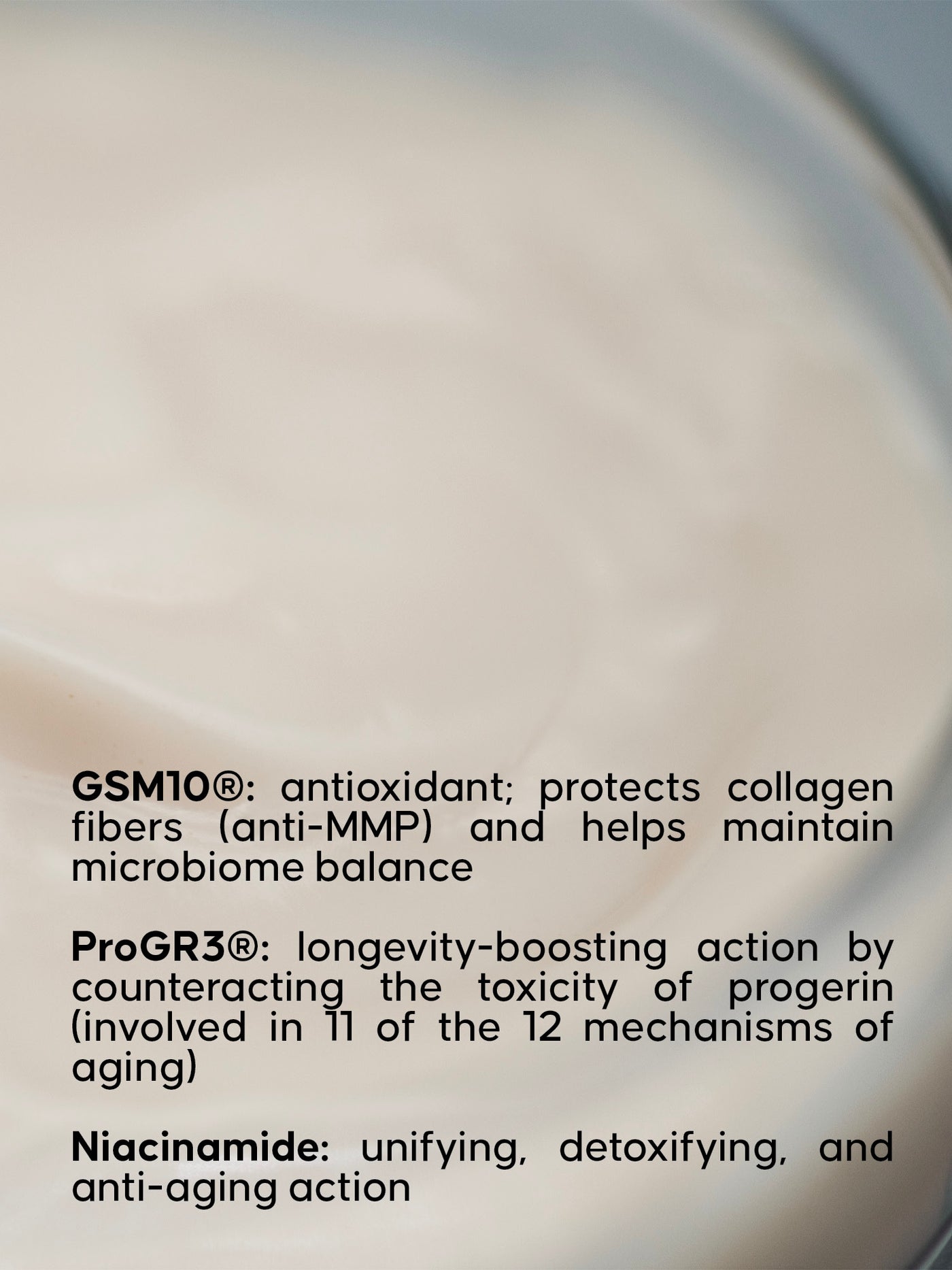 Text detailing the functions of GSM10, ProGR3, and Niacinamide with a blurred background. 
