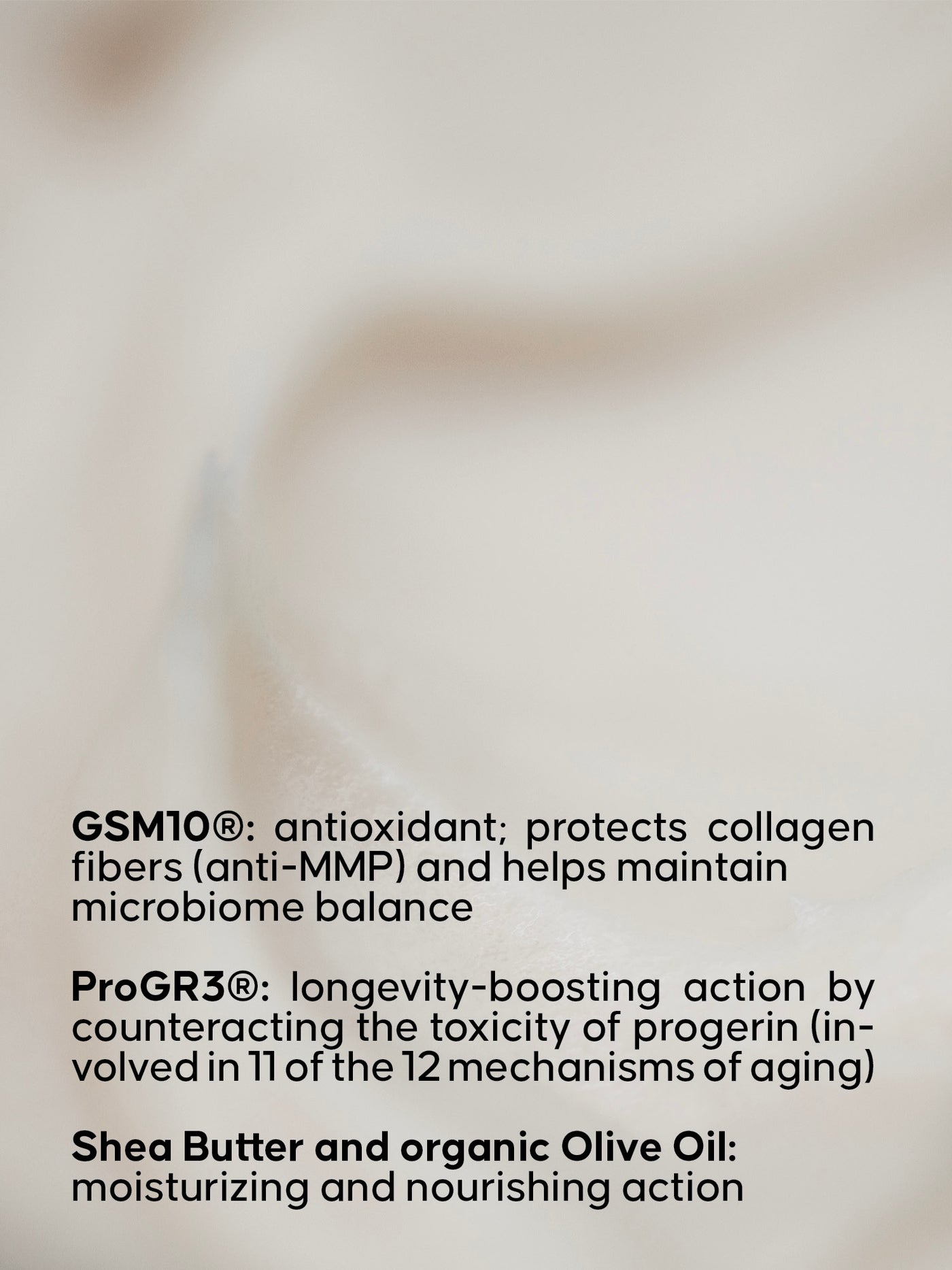 Text detailing the benefits and ingredients of a skincare product on a blurred background