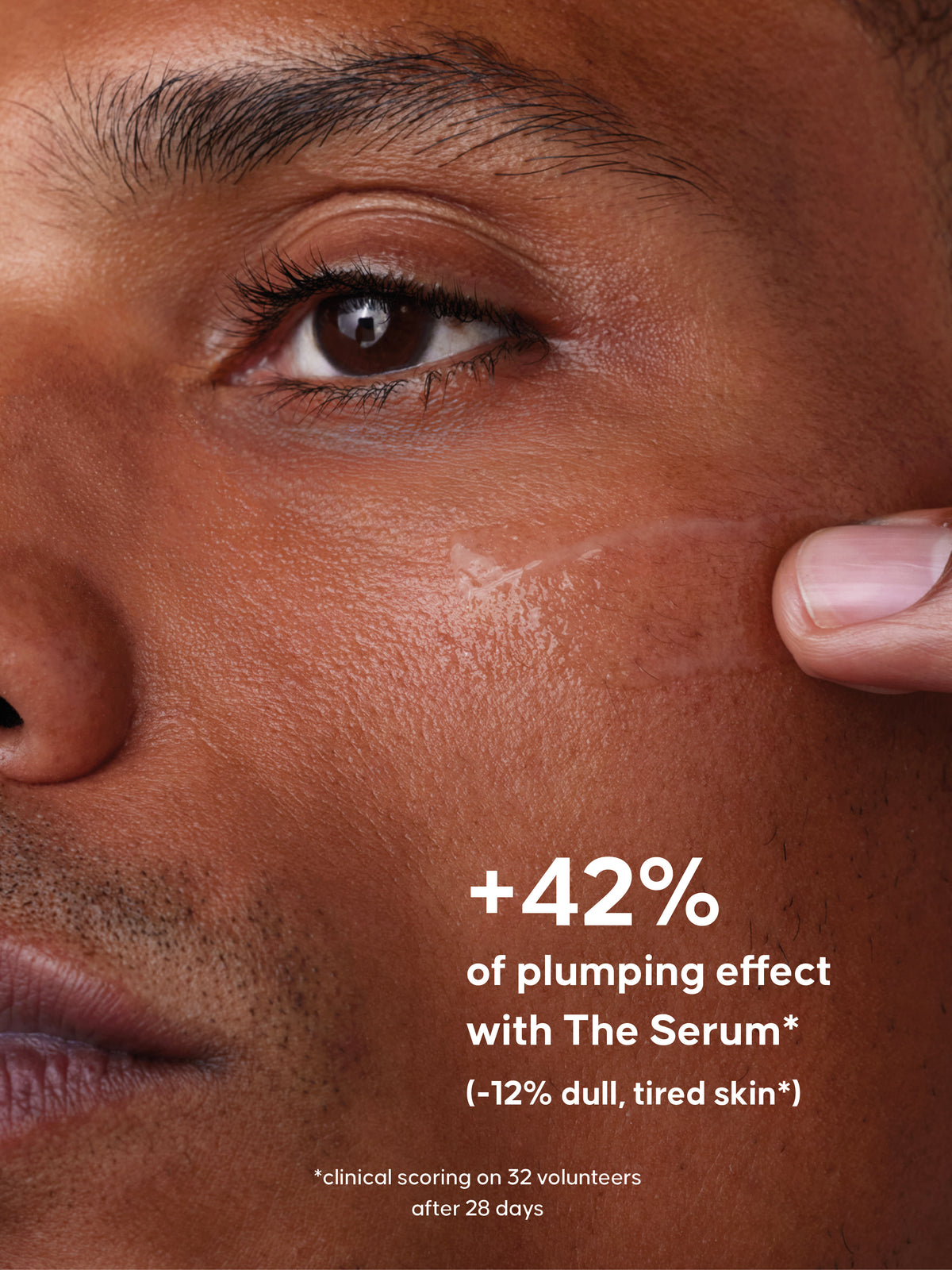 Close-up of a man's face, showing a skincare product application, and text about plumping effect. +42% of plumping effect with The Serum. -12%% dull, tired skin.