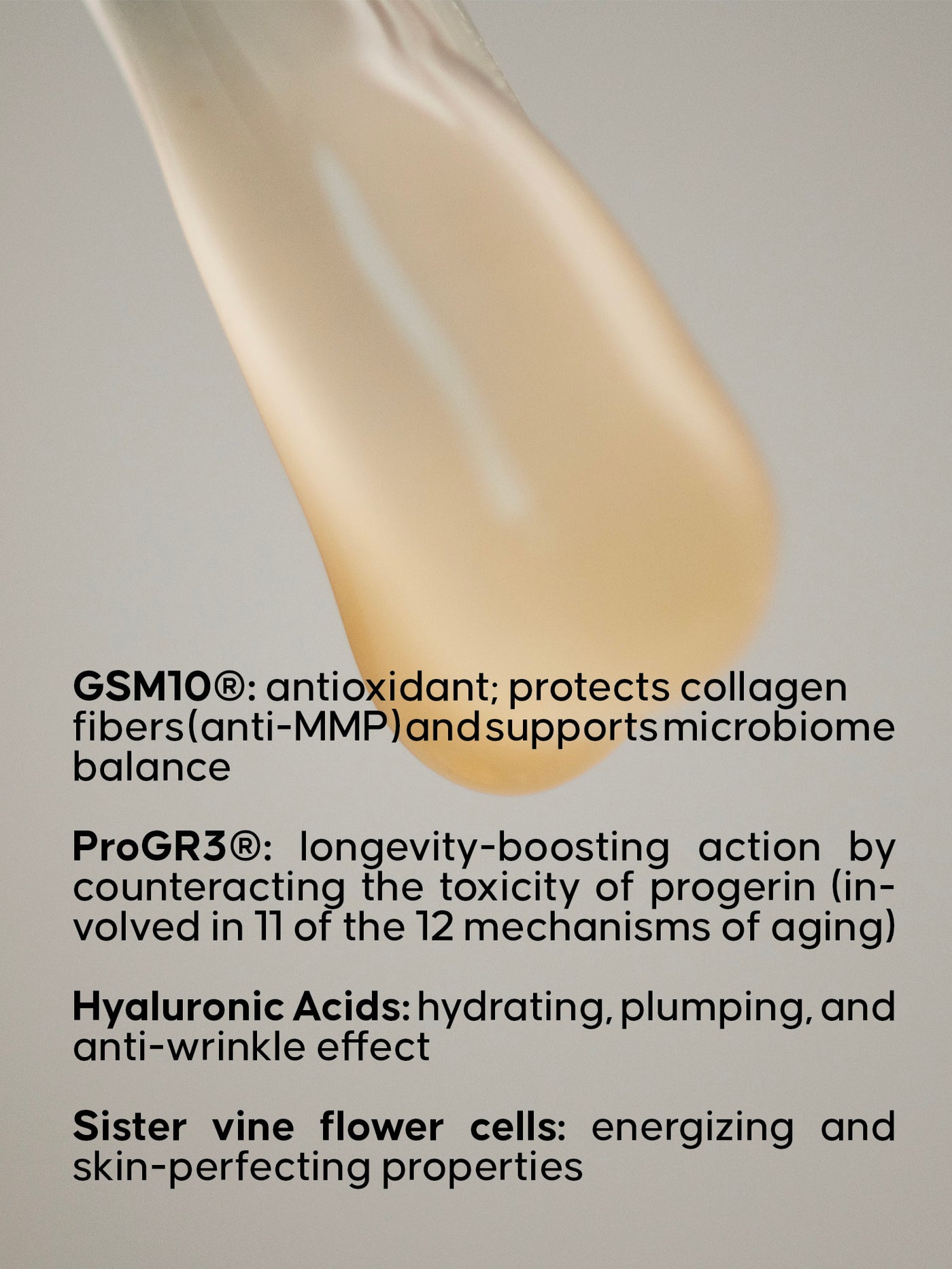 Close-up of a skincare product with text detailing its ingredients and benefits on a gray background.